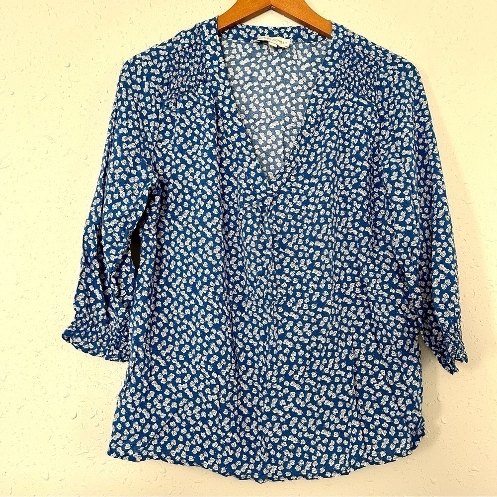 🦋 Cynthia Rowley Blue White V-Neck Floral Mid Sleeve Blouse Boho Medium